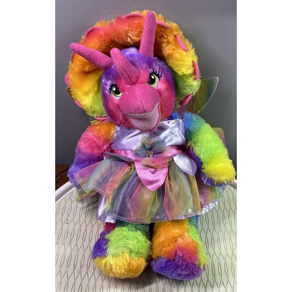 Build A Bear Dino‎ Rainbow Triceratops Dinosaur Plush W/rainbow Dress 18" Tall